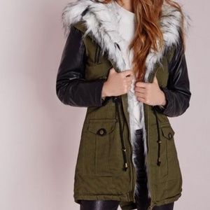 Missguided pu sleeve parka white faux fur hood